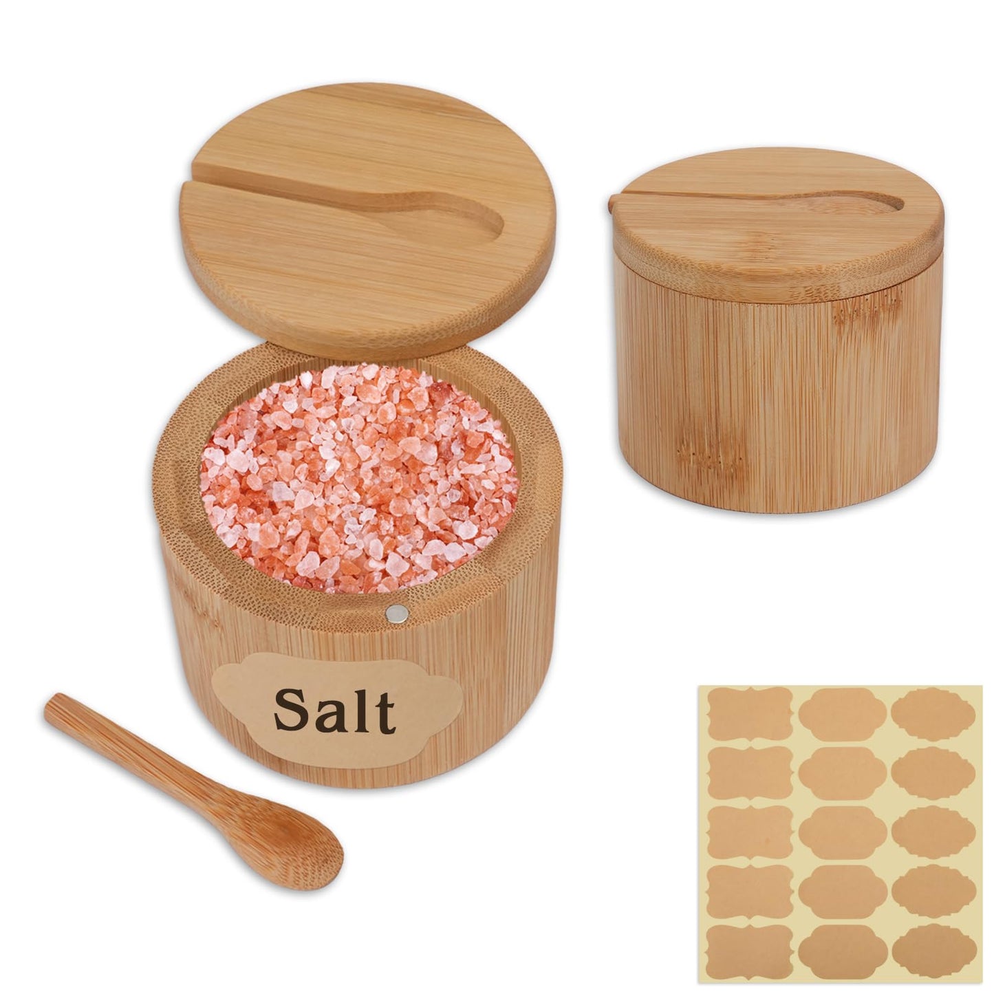 Mulaibdin 2Pcs Salt Cellar, 6 oz Salt Container with Lid and Spoon, Round Salt and Pepper Bowls Storage Box for Countertop Spice Sugar (Style1)