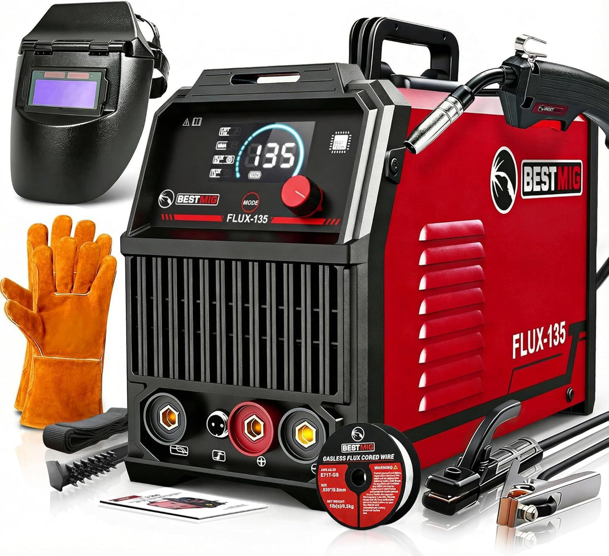 BESTMIG 135A MIG Welder - 3-in-1 Flux Core Welder, MIG/Lift TIG/Stick Welding Machine - Portable IGBT Inverter - 110V with Welder Helmet and Gloves (Red Black, MIG 135A Welder)