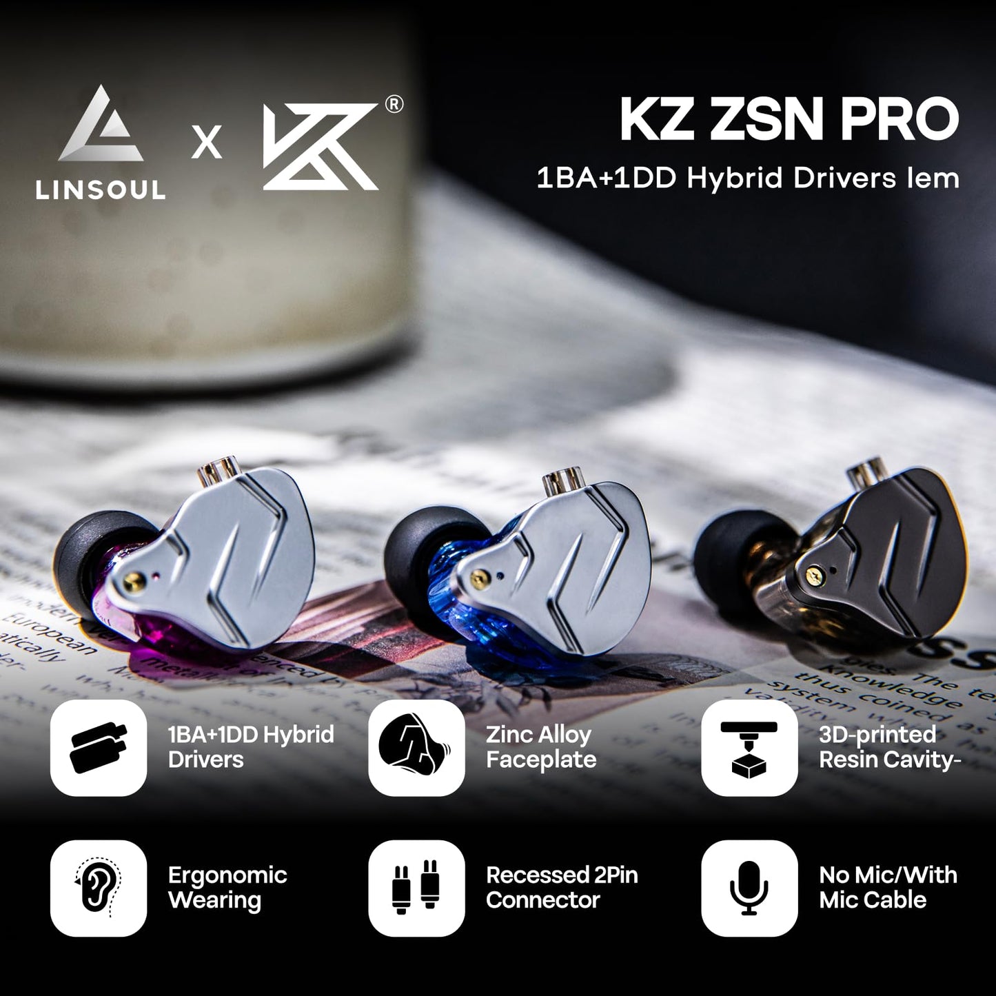 Linsoul KZ ZSN Pro Dual Driver 1BA+1DD Hybrid Metal Earphones HiFi in-Ear Monitor with Detachable Recessed 2Pin Cable, Zin Alloy Panel (Without Mic, Blue)