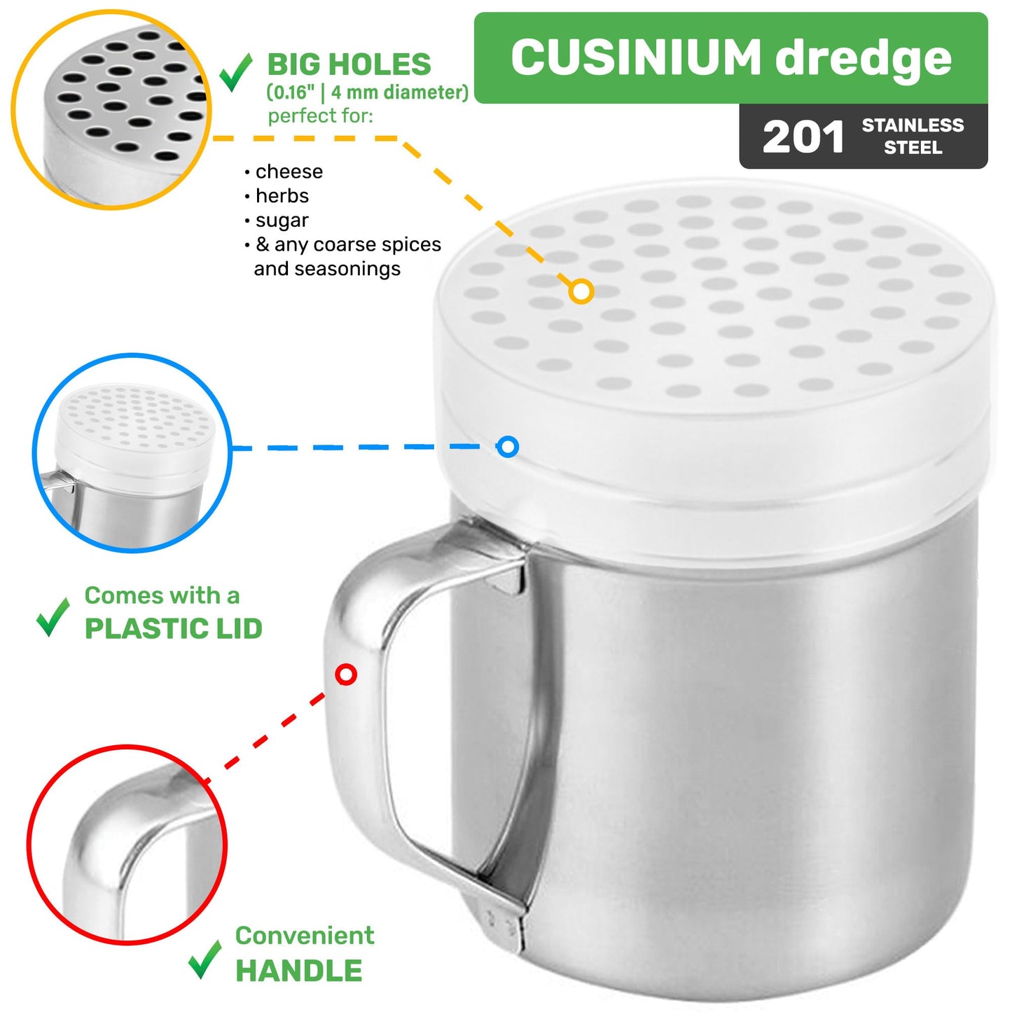 CUSINIUM [Set of 3] 10oz Stainless Steel Dredges With Handle - Fine Mesh + Medium Holes + Large Holes (For Coarse Seasonings)