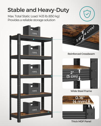 SONGMICS Shelving Unit, 30 x 75 x 150 cm, 650 kg Load Capacity (130 kg per Shelf), Industrial, Adjustable Storage Shelves, for Living Room, Kitchen, Garage, Rustic Brown and Black GLR030B01