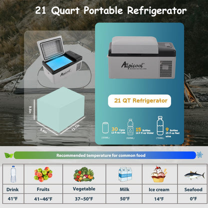 Alpicool C20 portable compressor fridge freezer 21Quart(20Liter) for car and home - 12V/24V DC and 110V AC