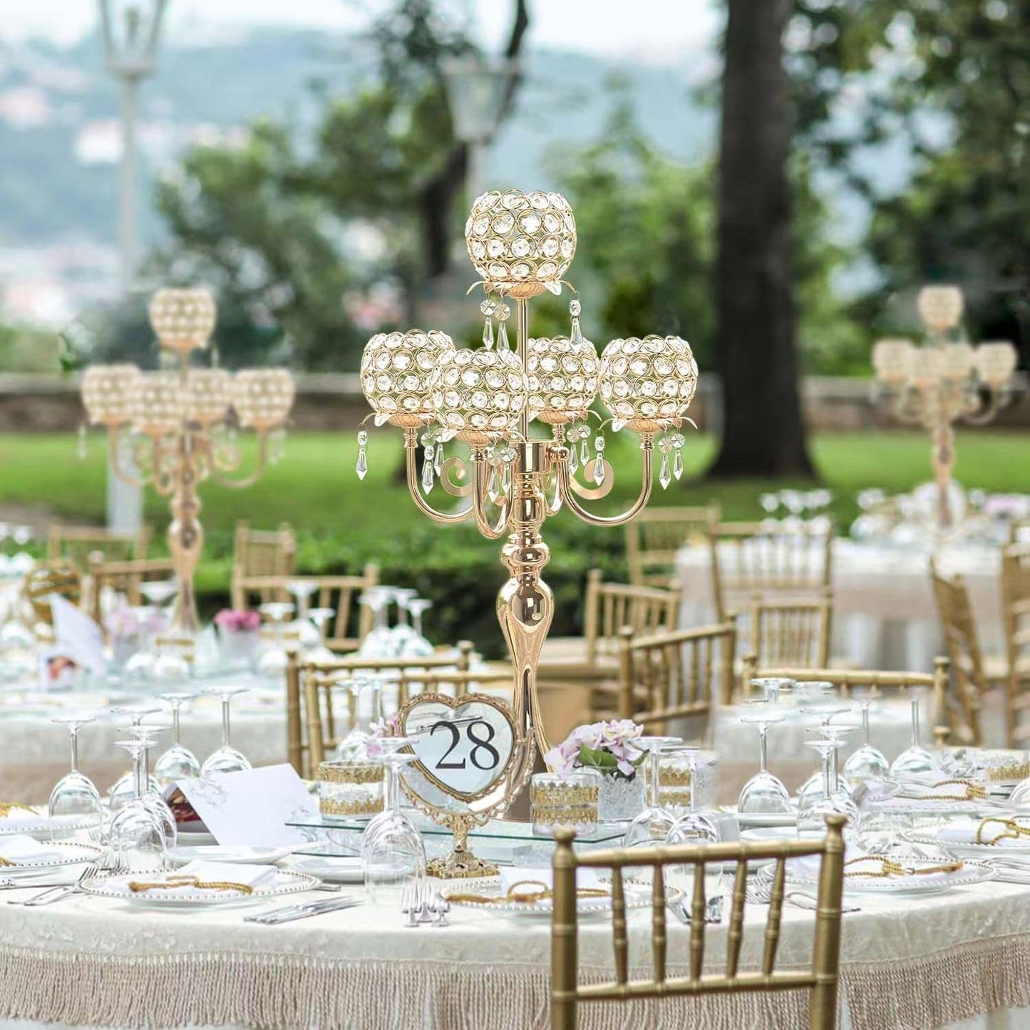 Kehail 5 Arm Gold Candle Holder 22.5 Inch Tall Crystal with Pendant, Romantic Home Decor Elegant Candlestick Holder for Dates Wedding Receptions Holiday Party Important Events