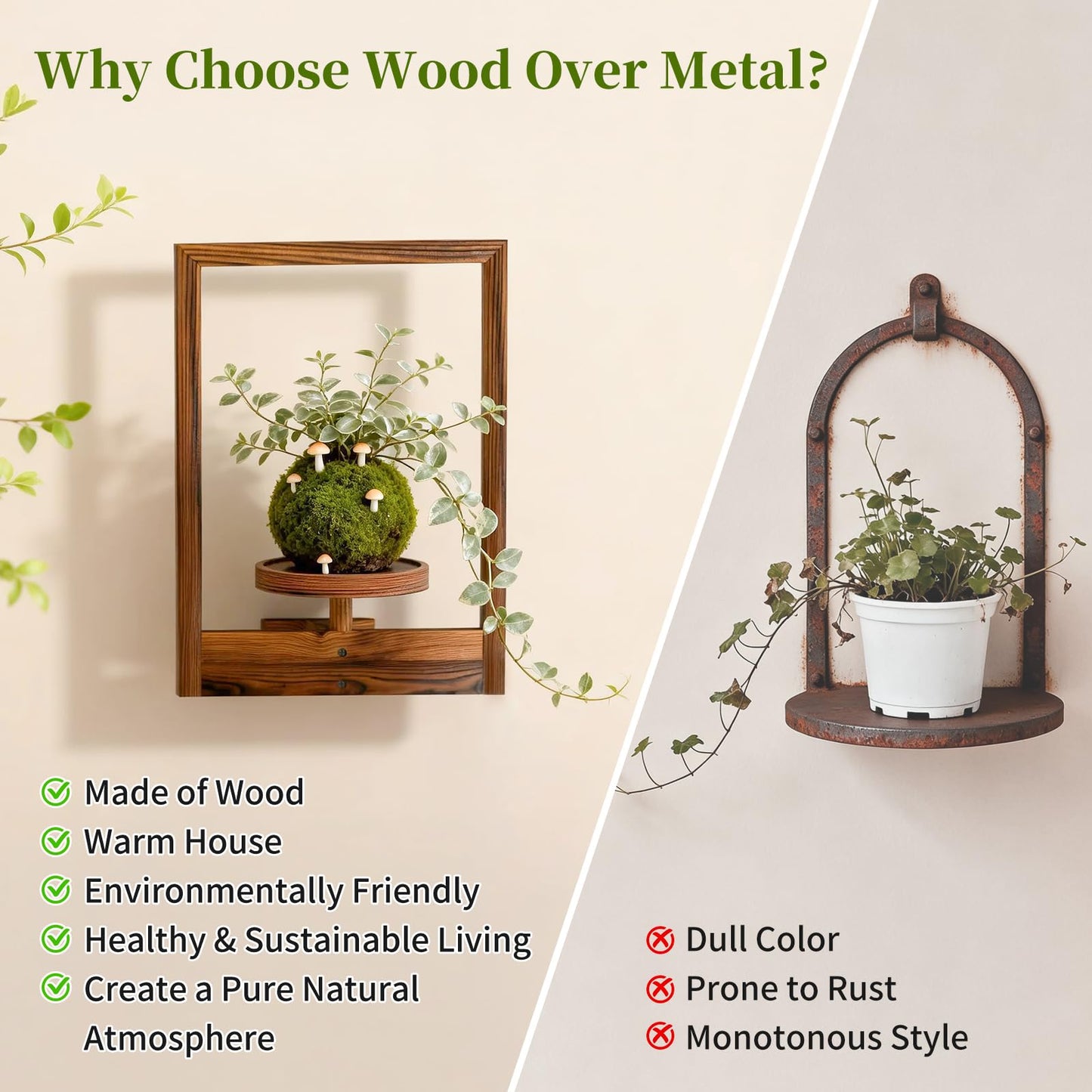NATURE'S SOURCE Hanging Planters for Indoor Plants Wall Decor, Wooden Floating Shelves for Wall Planter, Window Plant Shelves Hold 22 lbs, Farmhouse Decor 16.5" x 11.8" (3 Pack)