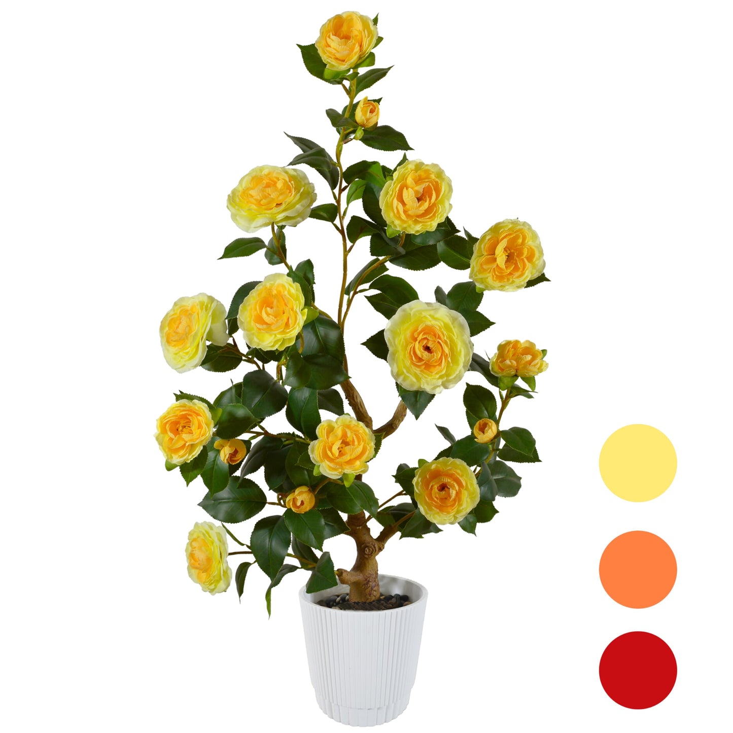 Warmplants Artificial Camellia Tree 3ft, Fake Plant in White Pot, Faux Camellia Silk Flower Potted Tree for Indoor Outdoor Home Livingroom Office Decor (Yellow)