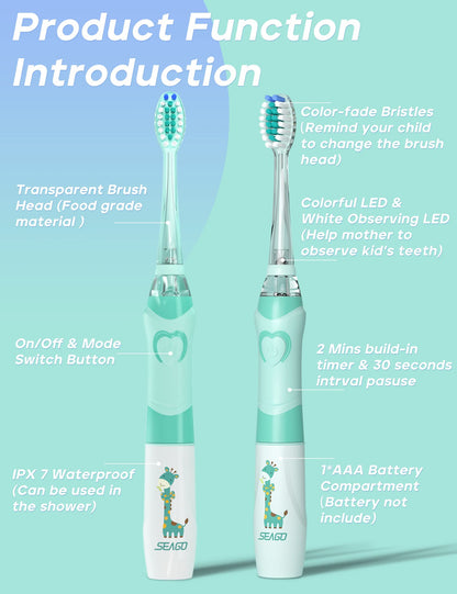 SEAGO Kids Electric Toothbrush with 2 Mins Brushing Timer and 8 Replacement Bursh Heads,Rainbow LED Light Make Brushing Fun, Pink Color Girls Battery Powerd Toothbrush for 4-12 Years Old