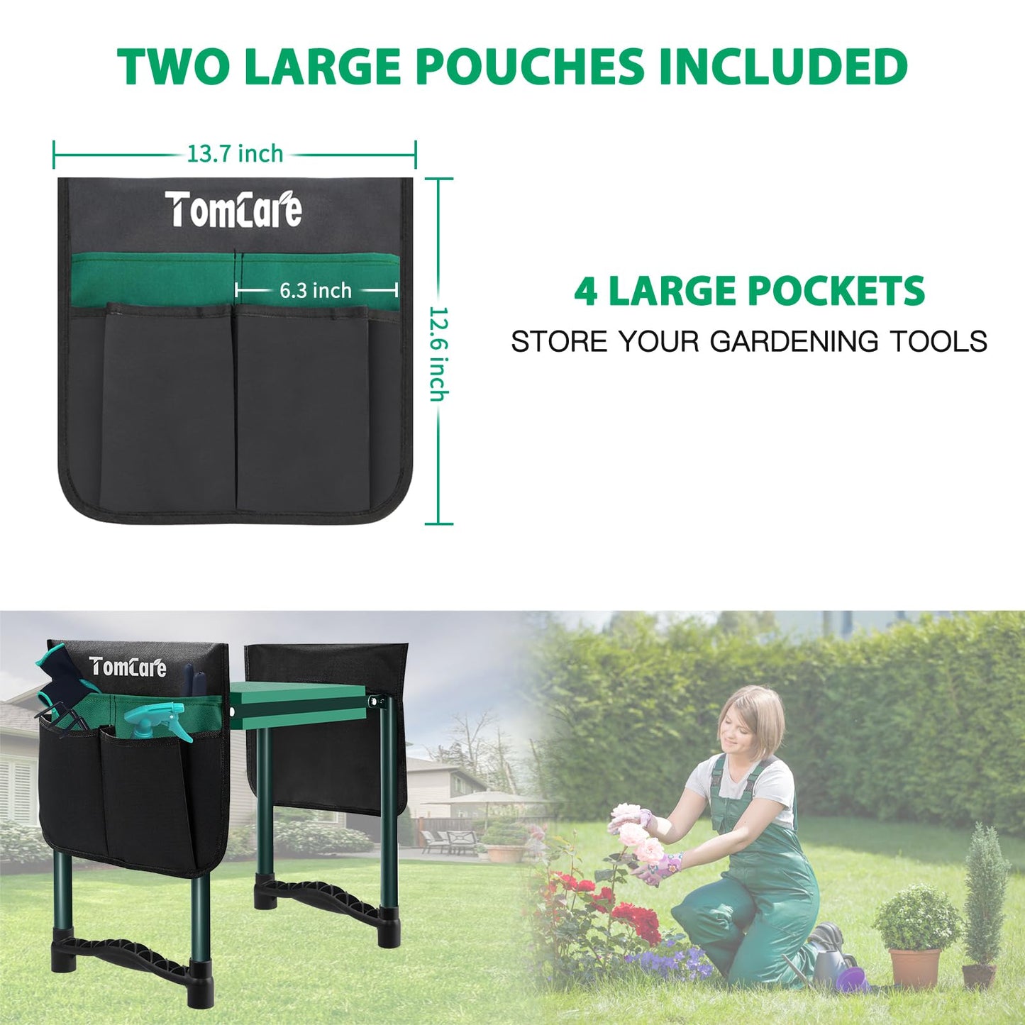 TomCare Garden Kneeler and Seat 10.64” Wider Larger Soft Kneeling Pad Garden Bench with 2 Large Tool Pouches Heavy Duty Garden Stool Foldable Tools Gardening Gifts for Women Men Gardeners