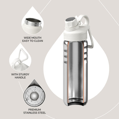 IDEUS Insulated Stainless Steel Water Bottle with 2 Leak-Proof Lids, Thermal Water Flask for Hiking Biking, 24oz, White