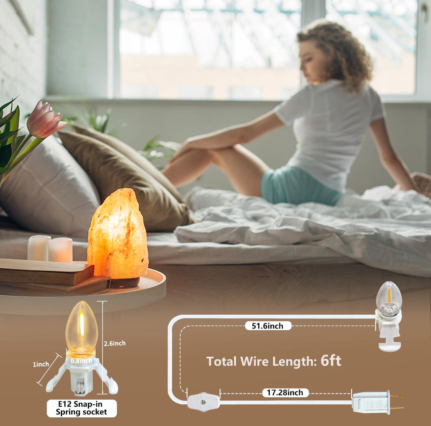 2 Pack Accessory Cord with 2 C7 Led Light Bulb Candelabra-Base E12 Socket White Cord with On/Off Switch Plugs for Holiday Decorations Christmas Village House