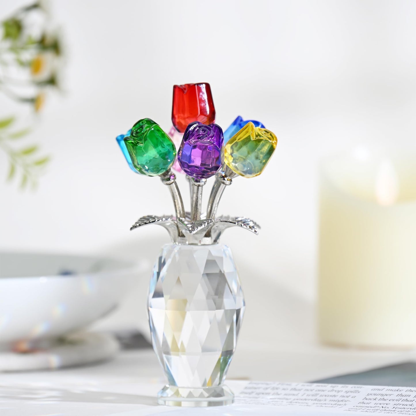 KRISININE Elegant Crystal Rose Figurine 7 Colorful K9 Crystal Flowers Floral Collectible Sculpture Romantic Gift for Valentine’s Day, Mother’s Day, Wedding, Anniversary