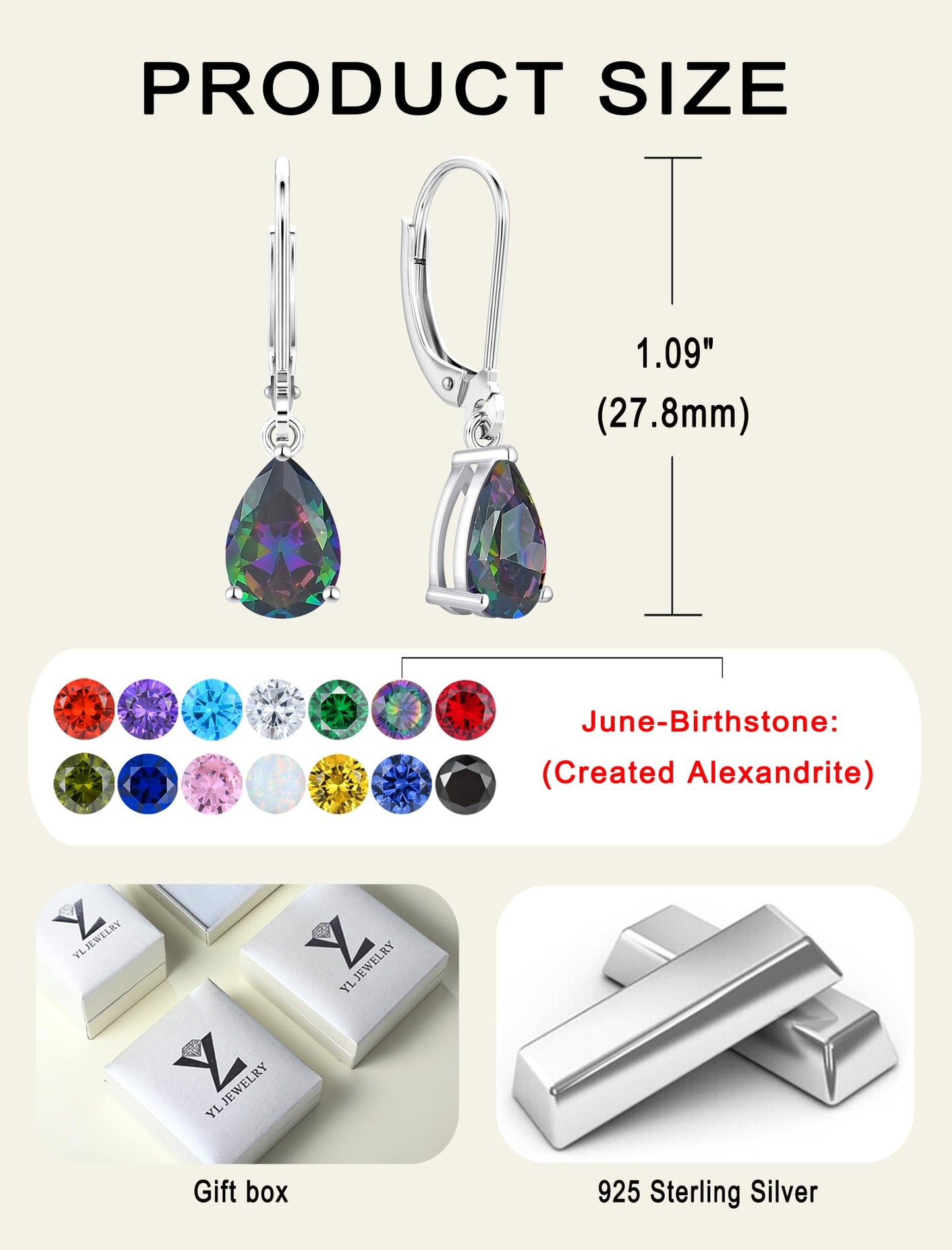 YL 925 Sterling Silver Teardrop Dangle Drop Earrings for Women 7x10 MM Solitaire Created Alexandrite Leverback Jewelry