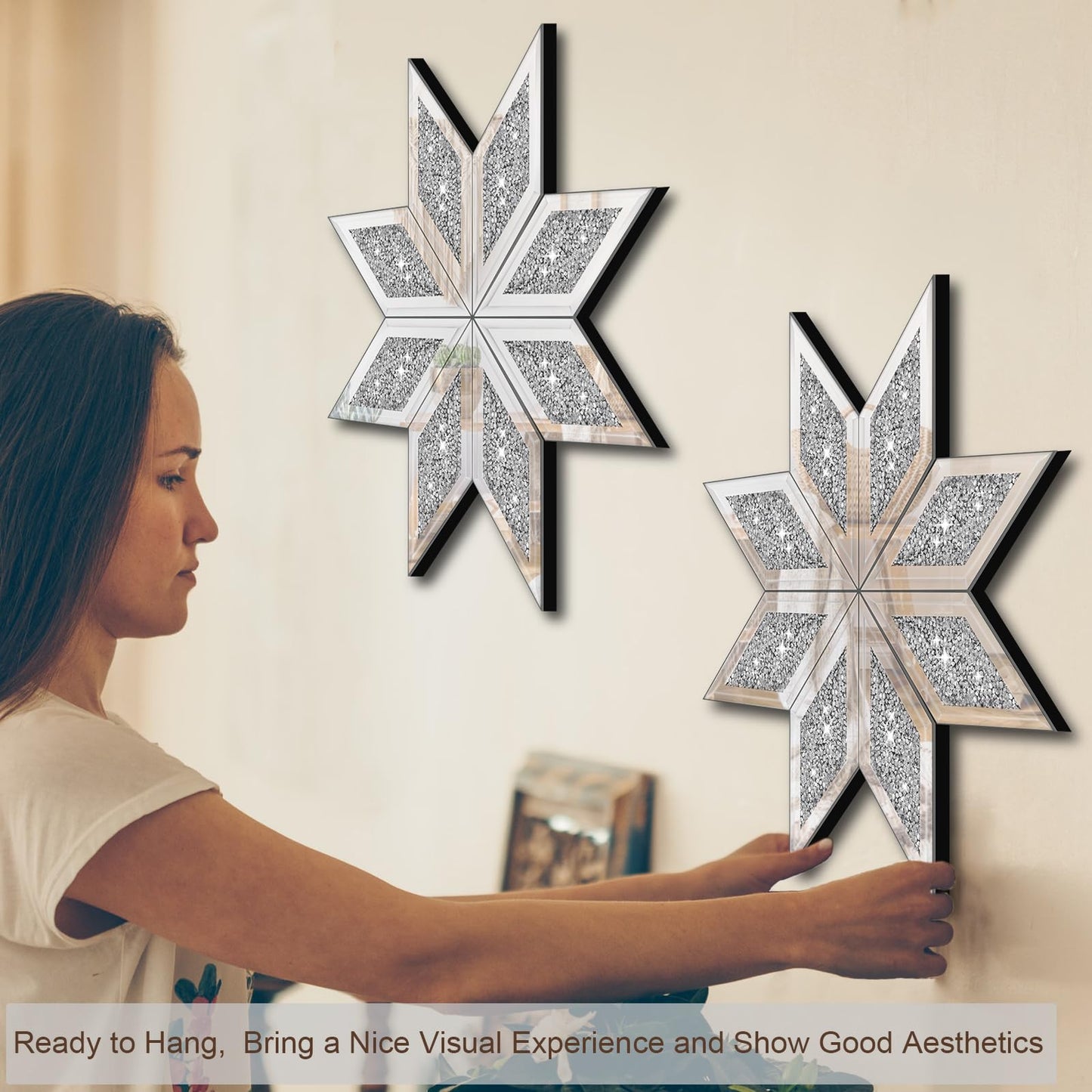 WALTSOM 2 Piece Crushed Diamond Decorative Mirror, Silver Crushed Diamond Mirror Decor Wall for Living Room Bedroom Bathroom Office (12X12in, Set of 2, Ready to Hang)