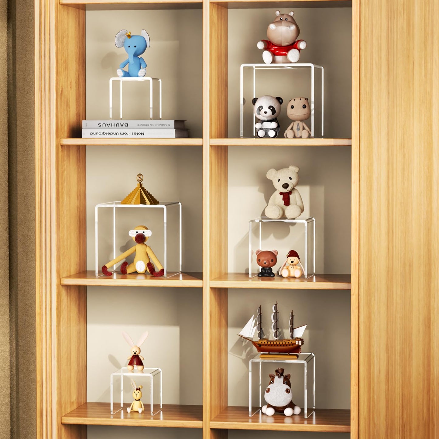 NIUBEE Acrylic Display Risers Stand 2 Sets,3 Steps Clear Riser Shelf Showcase for Amiibo Funko POP Figures -3"x3"x5"
