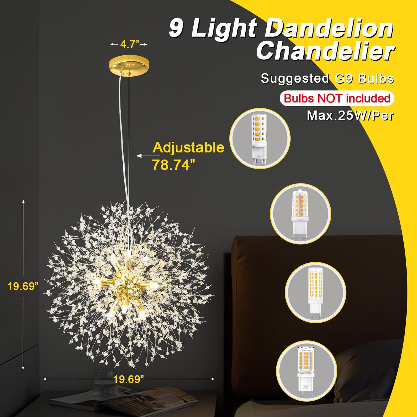 Qamra Modern Gold Crystal Chandeliers, Firework Dandelion Sputnik Chandelier Light Fixture Pendant Lighting for Dining Room, Bedroom, Kitchen, Living Room(9-Light, Gold)