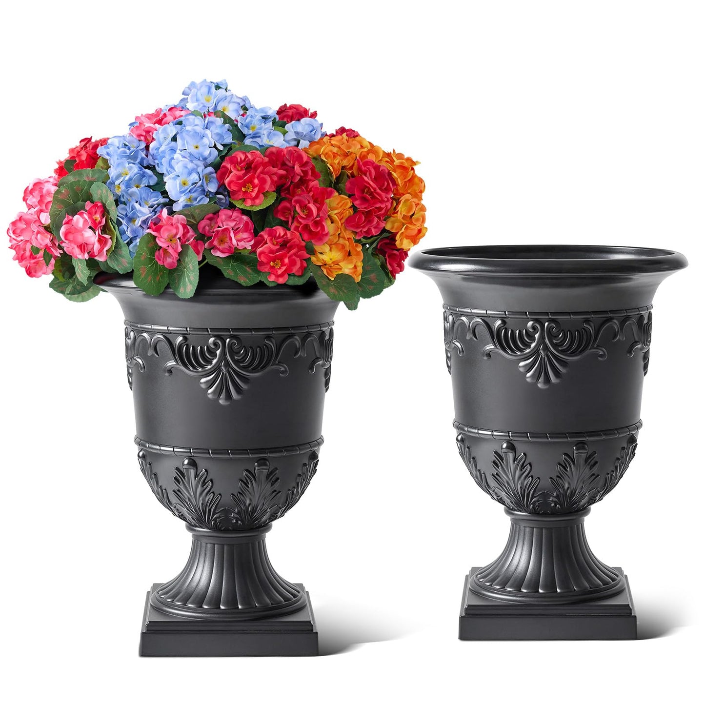 VeriNatural Classic Traditional Plastic Urn Planter, 15"x13" Flower Pots for Indoor Outdoor,Plant Pots for Porch Decor,Set of 2