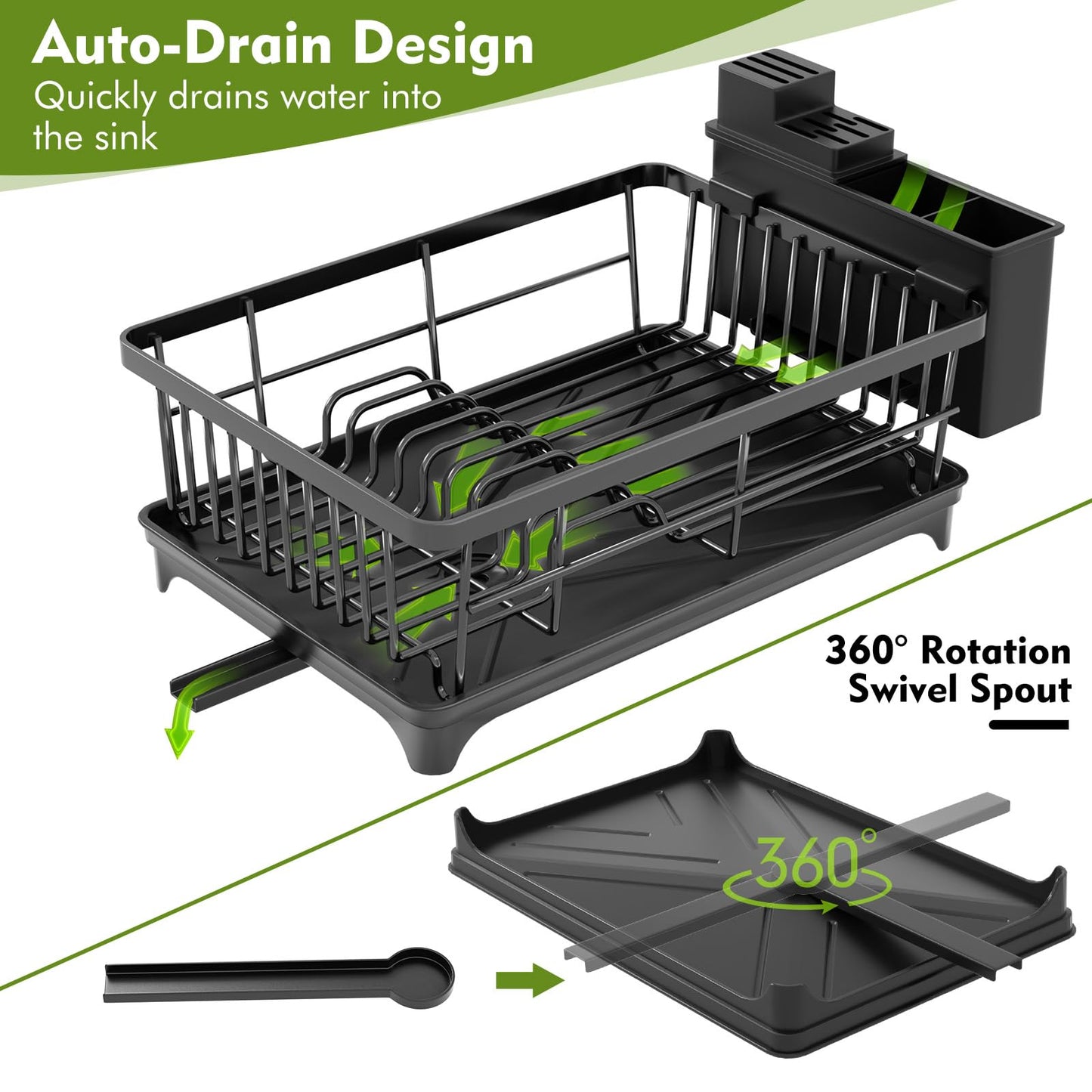 SavvyStor Dish Drainer Rack - Space Saving Dish Rack for Kitchen Counter, Kitchen Dish Drainer with Utensil Holder, Drain Board, Black