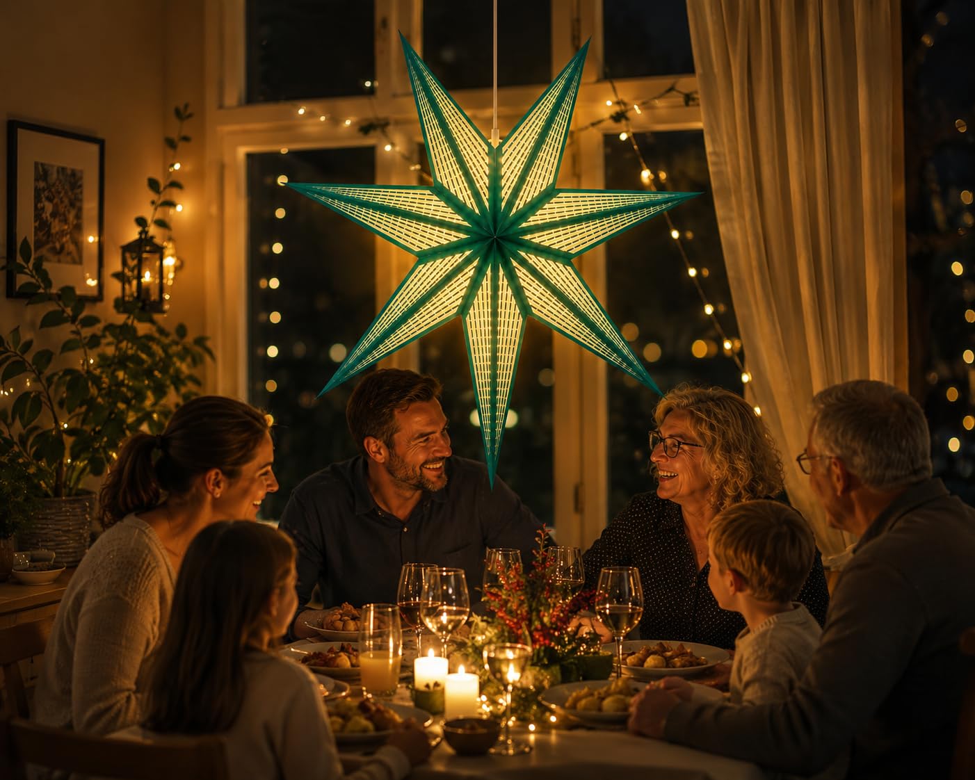 GalaxyArts 7-Point Paper Star Lantern - Striped Cutout Hanging Light Decoration - Foldable Star Lamp Shade for Home, Party, Christmas, Wedding Décor - Indoor/Outdoor Hanging Star(Turquoise)