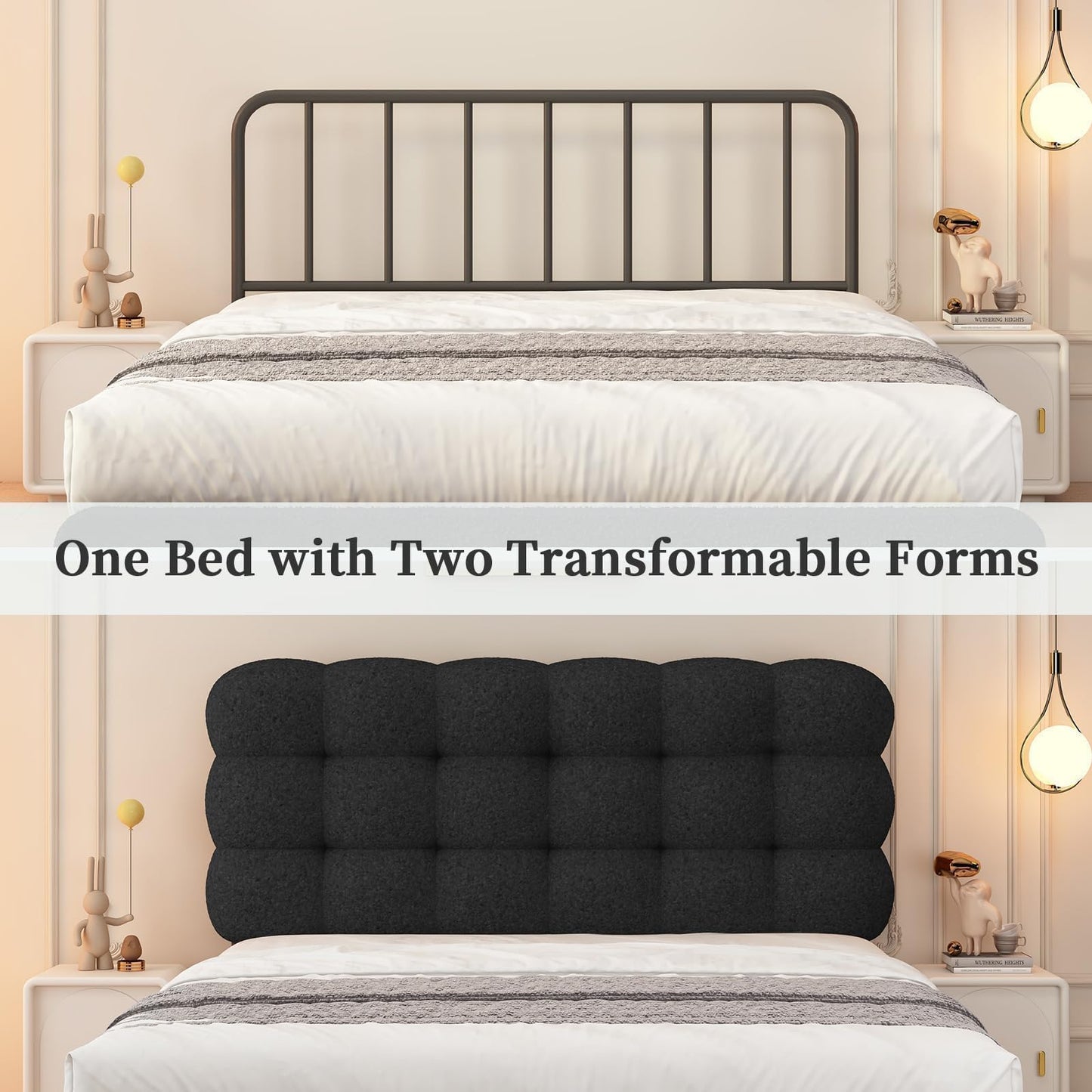 BarnFurin Full Size Bed Frame with Upholstered Headboard, Boucle Bed Frame, Platform Bed with Strong Wooden Slats Support, Two Bed Forms Design, No Boxing Spring Needed, Easy Assembly, Black