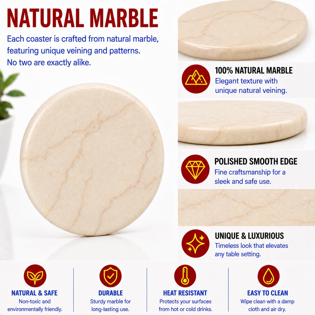Creative Home Natural Champagne Marble Drink Coasters Set for Table Protection, Luxury Stone Beverage Coasters for Coffee Table, Kitchen, Dining Room and Bar