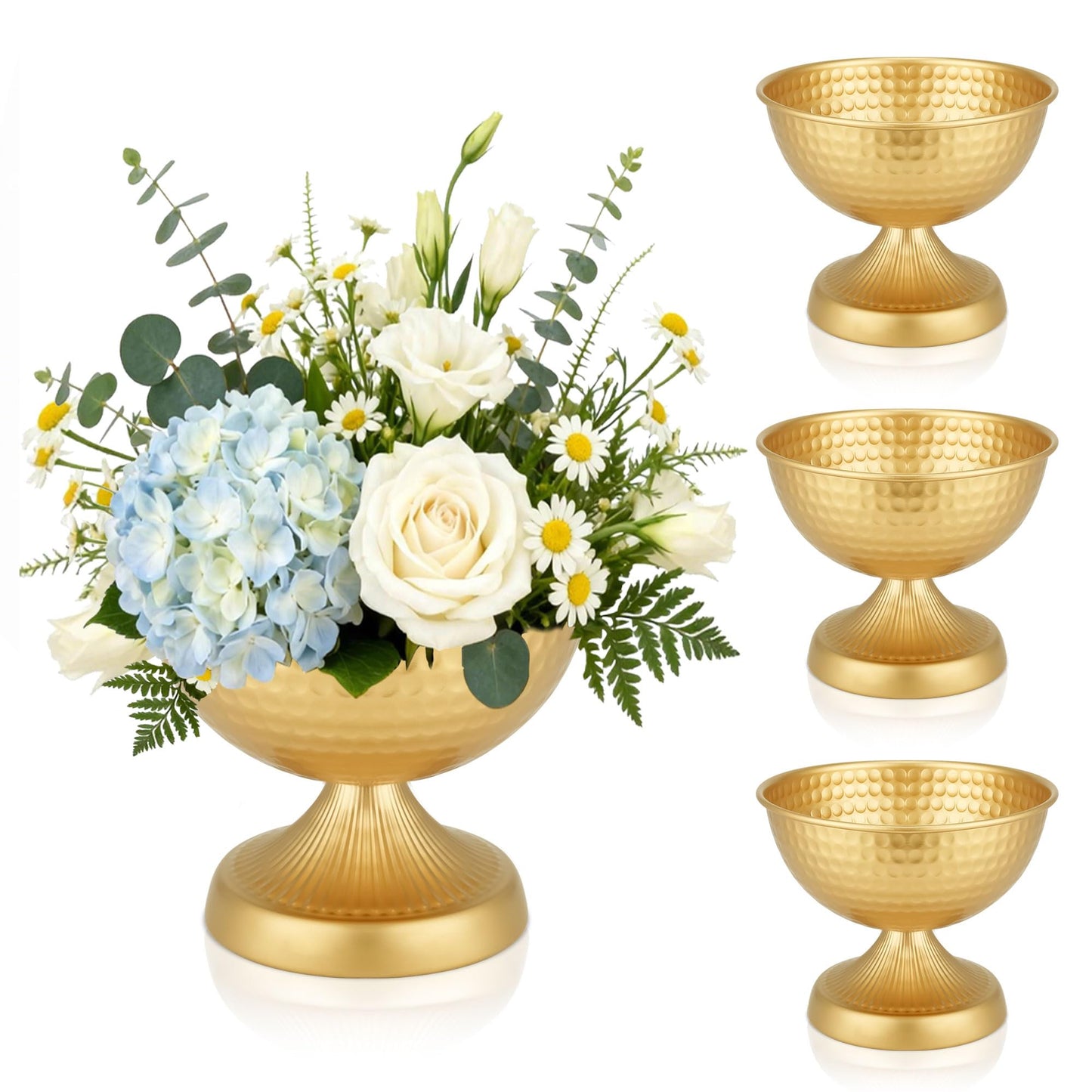 AURABEE Gold Compote Vase Set of 4, Pedestal Gold Vases for Centerpieces Metal Urn Flower Pot Vase Pack, Electroplated Rust-Proof Compote Pedestal Vases for Wedding Centerpieces- 5.9 Inches