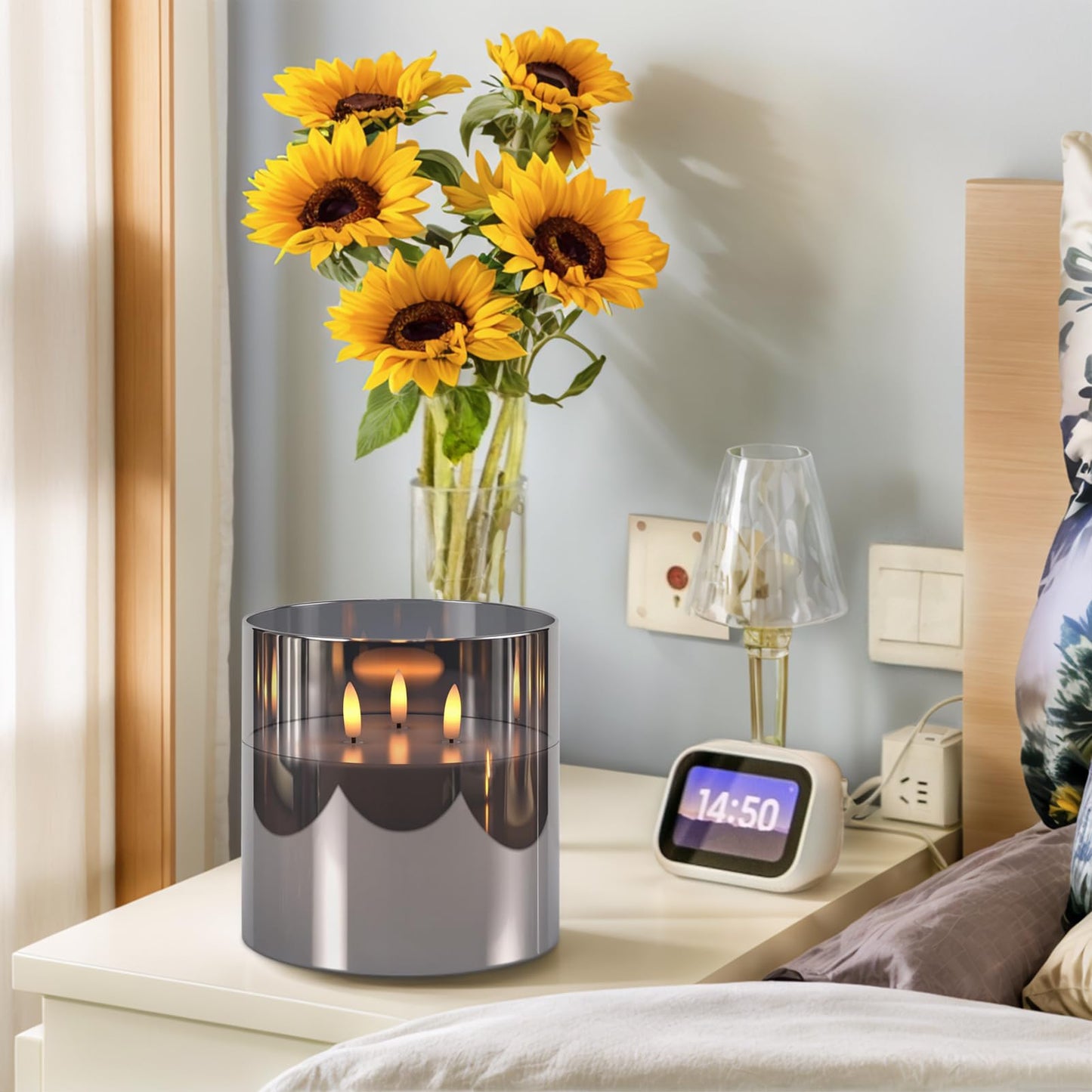 GenSwin 3 Wick Glass Flameless Candles with Remote Timer, Set of 1 Large LED Flickering Candle Battery Operated with 3D Flame, Large Pillar Candle for Halloween Christmas Home Decor(Black, D6”xH6”)