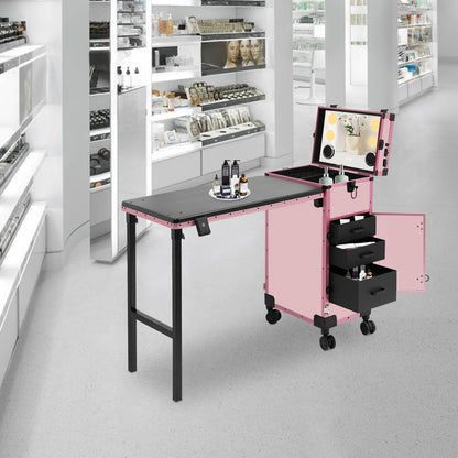 faoeqqEga 3 Tier Rolling Makeup Case w/Mirror, 110 Lbs Foldable Beauty Station w/Lighted Vanity, Aluminum Frame Travel Cosmetic Organizer for Stylist & Salon (Pink)