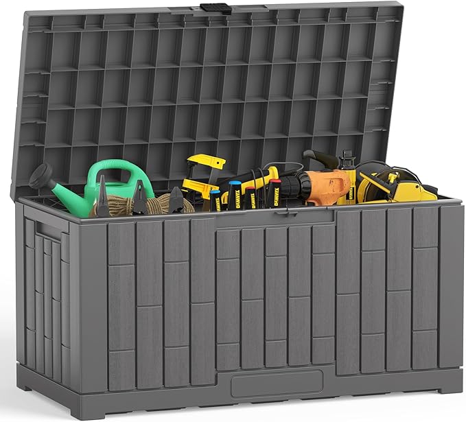 NEWBULIG 60 Gallon Deck Box, Waterproof Outdoor Storage Box with Lockable Lid, Patio Furniture Bench & Side Table, Outside Storage Container, Tool-Free Assembly, for Garden, Pool, Grey