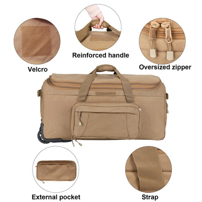 Military Wheeled Deployment Bag Large Tactical Heavy Duty Duffel Bag for Camping Hiking (Tan)