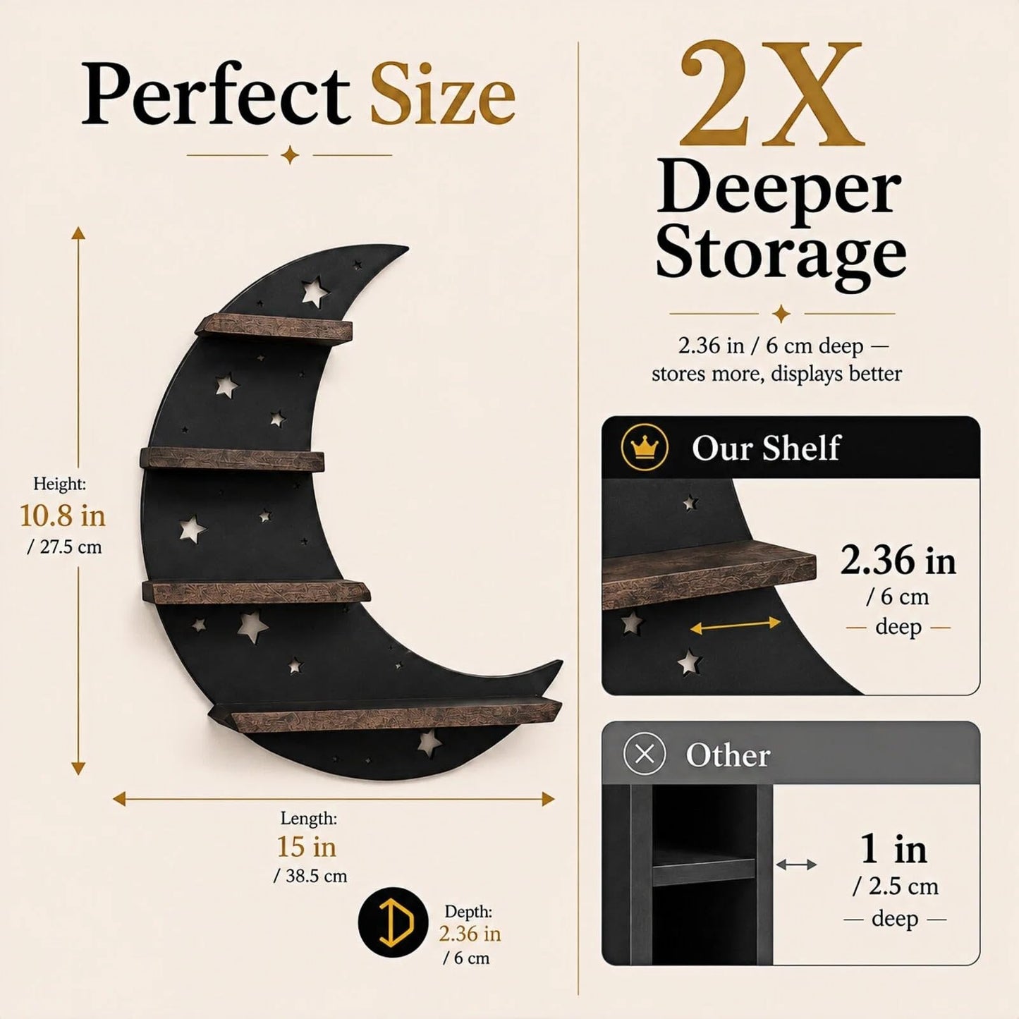 HBSGS Crystal Display Shelf with LED Light, Crescent Moon Wall Shelf for Crystals, Gothic Witchy Room Decor, Wooden Shelf for Essential Oils, Trinkets & Gifts(Moon-38.5 * 36.5cm/15 * 14.4inch)