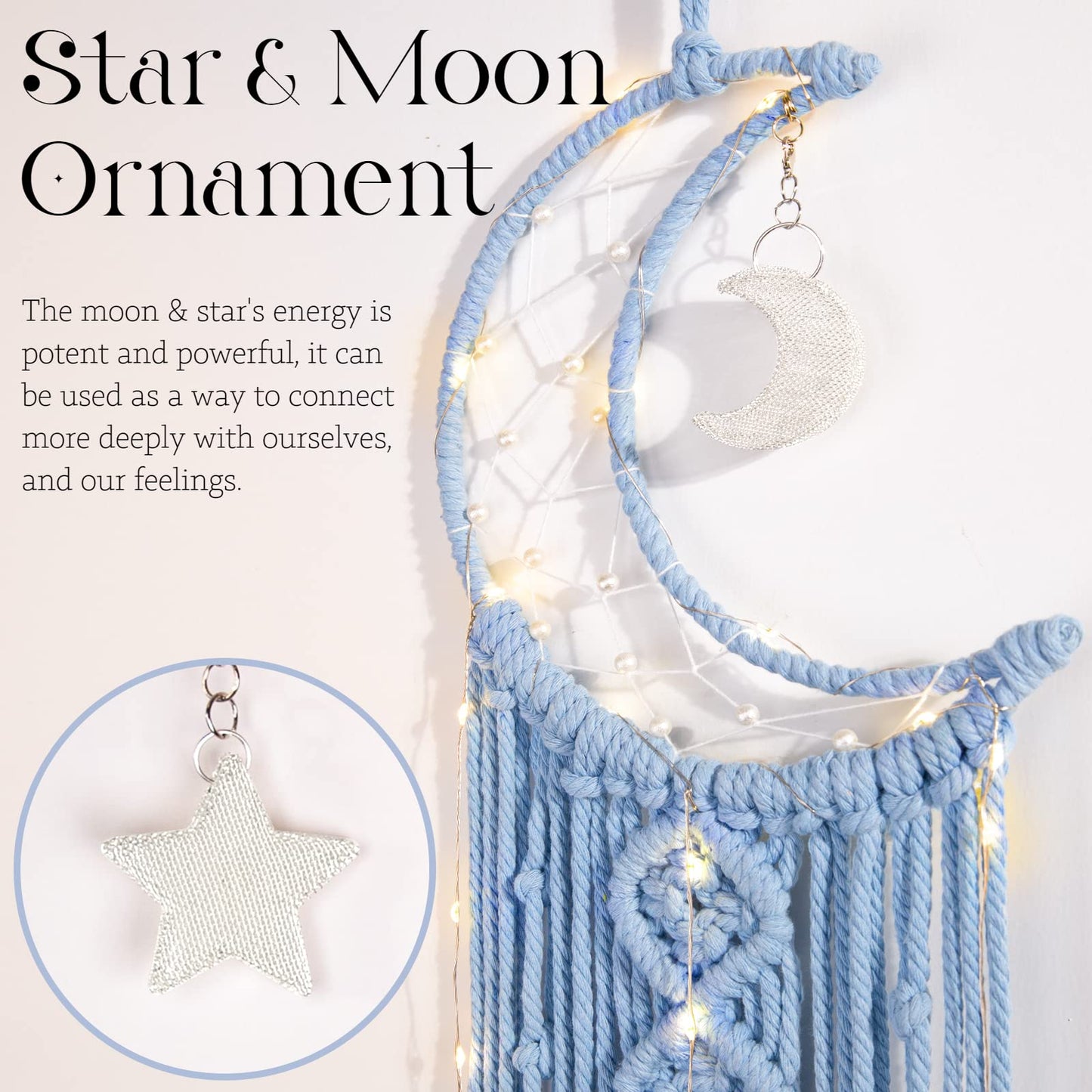Macrame Moon Dream Catcher for Girl, Blue Boho Crescent Dreamcatcher for Bedroom Adult, Handmade Nursery Room Wall Hanging with Star Pendant for Teen Boy, Bohemian Home Decoration Idea
