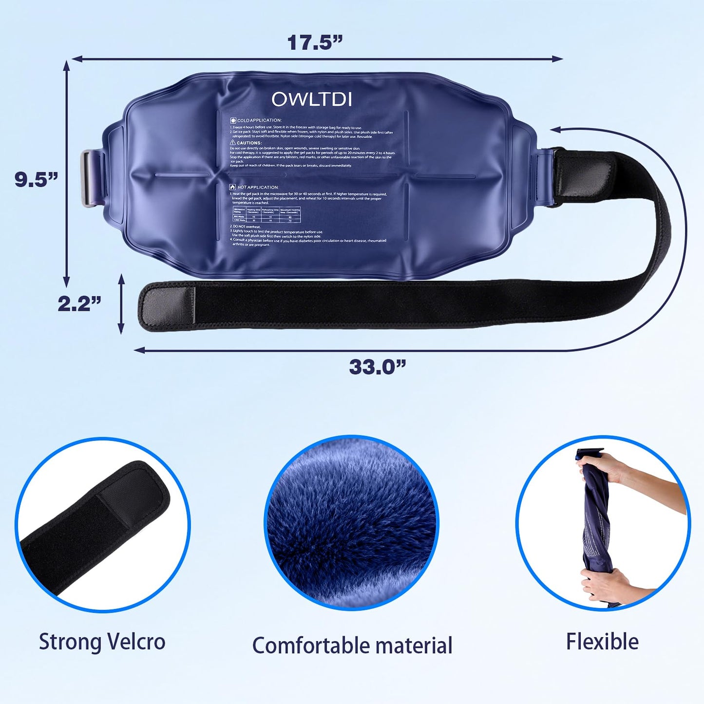 OWLTDI Ice Packs Soft Flexible Gel Pack for Injuries Reusable Cold Hot Therapy for Shoulder Knee Back Elbow Leg Hip Arm for Muscle Relief & Recovery 17.5'' x 9.5'' Navy Blue