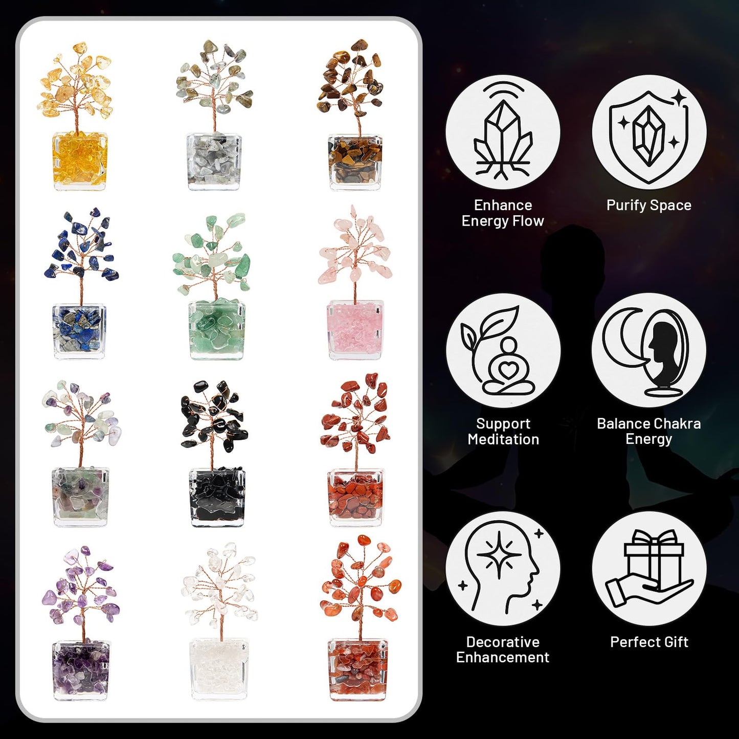 Orientrea 12Pcs Mini Crystal Tree Set, Healing 7 Chakra Tree of Life for Office & Home Decor, Positive Energy, Crystals and Healing Stones for Women, Sister, Mom, Coworkers