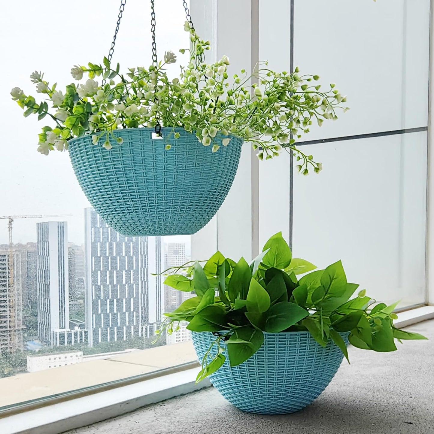 RooTrimmer Hanging Planters for Outdoor Plants 8/10 Inch, 4 Packs Hanging Flower Pot Indoor with Drainage Holes, Self-Watering Hanging Basket Perfect for Home, Office and Garden (Sky Blue)