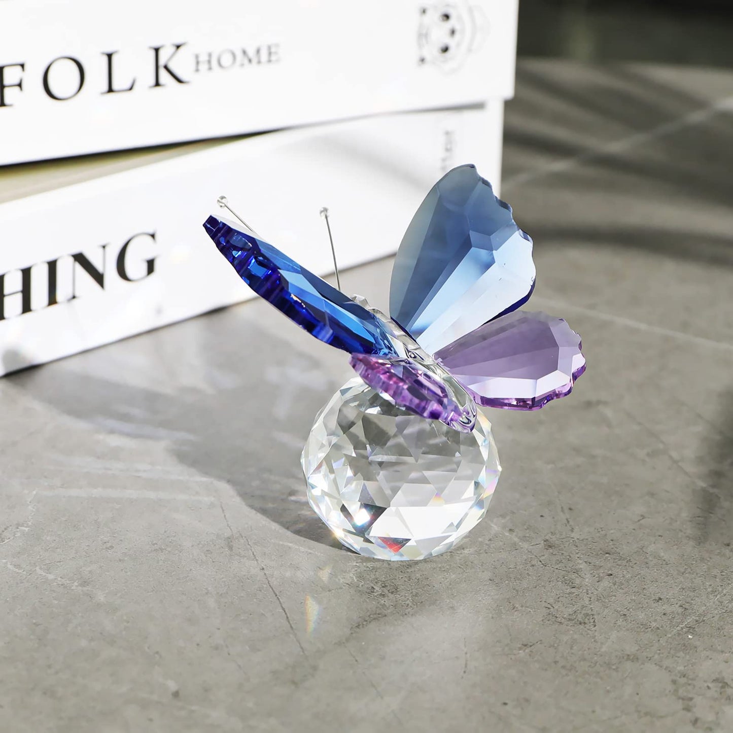 LONGSHENG - SINCE 2001 - Crystal Butterfly Figurine with Ball Base Glass Blue Purple Butterfly Crystal Collectible Paperweight Table Decor for Wedding Festival