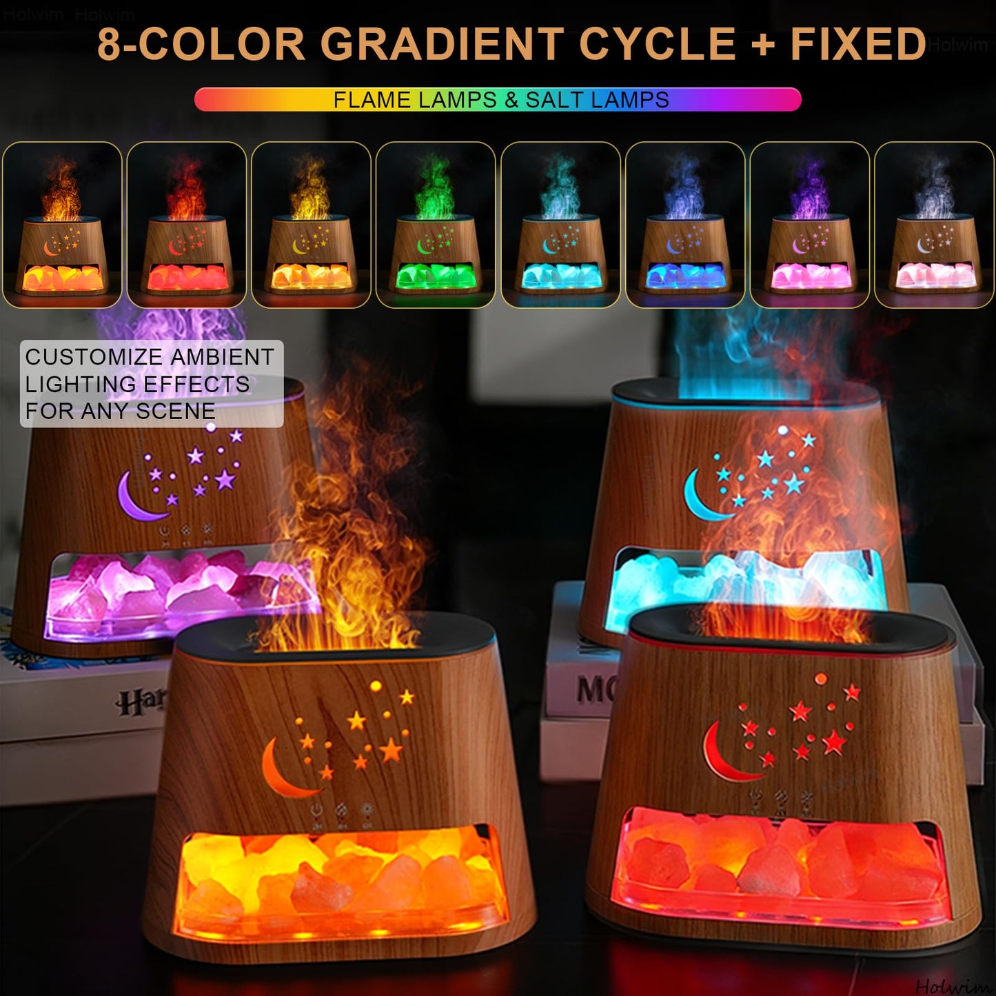 Flame Essential Oil Diffuser & Himalayan Salt Lamp: 260ml Aromatherapy Diffuser & Ultrasonic Cool Mist Humidifier with Himalayan Pink Salt Rock, Remote, 7-Color LED, 3 Timer (Moon Star + Wood Grain)