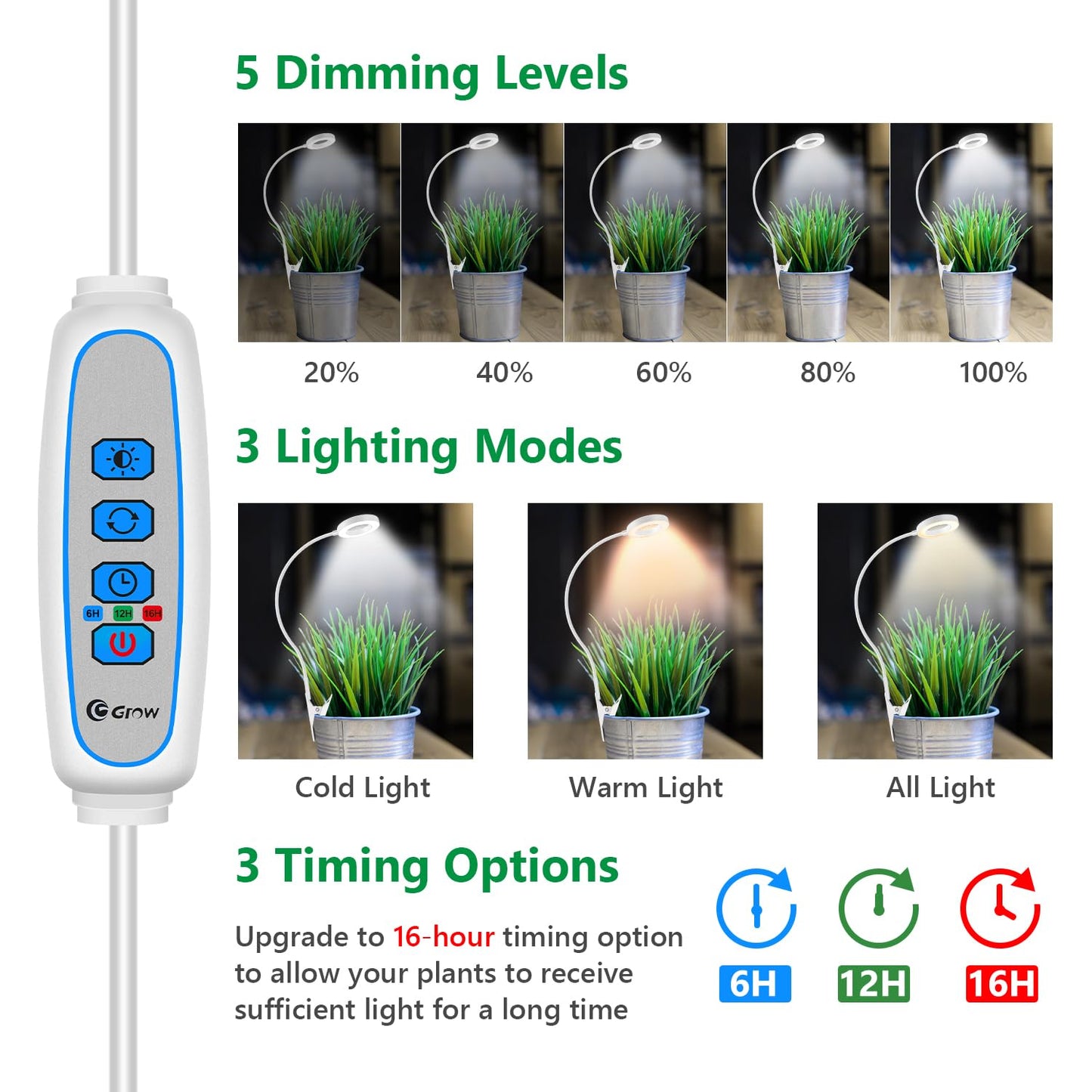 Xuligron Grow Lights for Indoor Plants, Full Spectrum Clip on Plant Lights for Indoor Growing, White Halo Grow Lamp 3 Pack with 360° Gooseneck, 6/12/16H Timer, 3 Light Modes, 5 Dimmable