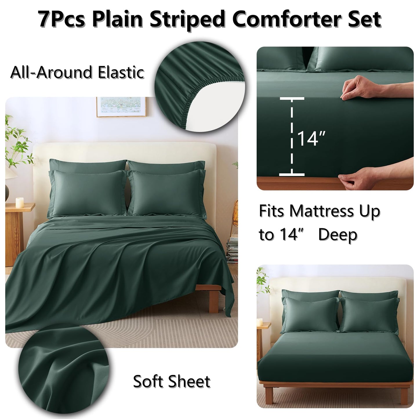 CozyLux King Size Comforter Set Forest Green - 7 Pieces Bed in a Bag, Modern Vertical Quilted Room Decor, Soft All-Season Bedding Gift with Comforter, Sheets, Pillowcases & Shams