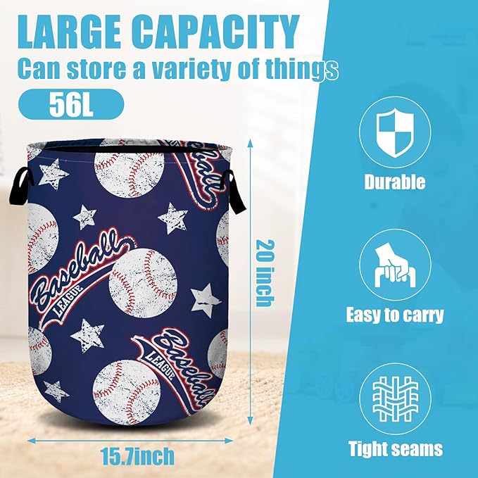 Baseballs and Stars Laundry Basket, Laundry Hamper Collapsible Oxford Cloth