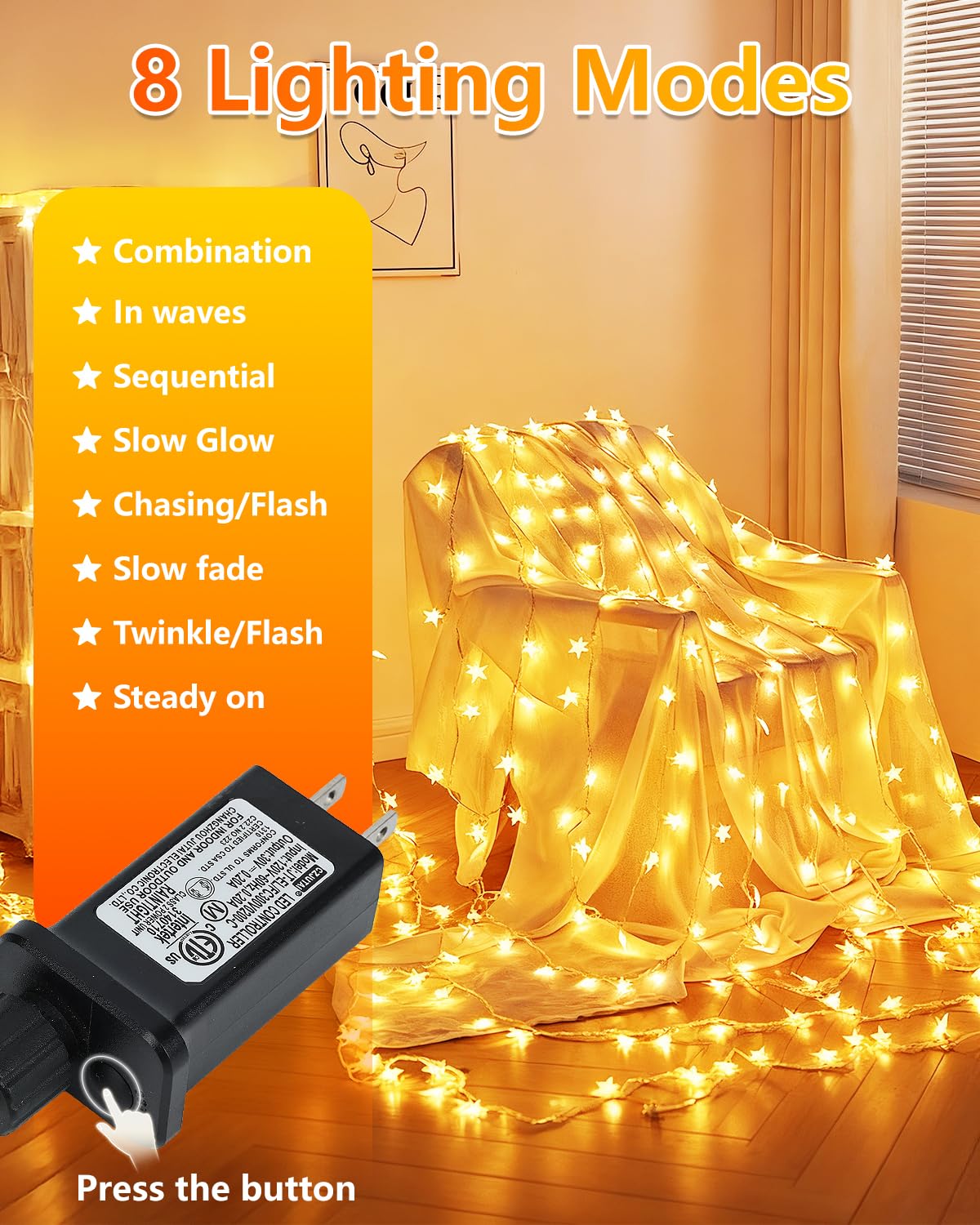 Twinkle Star 100 LED Star String Lights Plug in 33FT, Warm White
