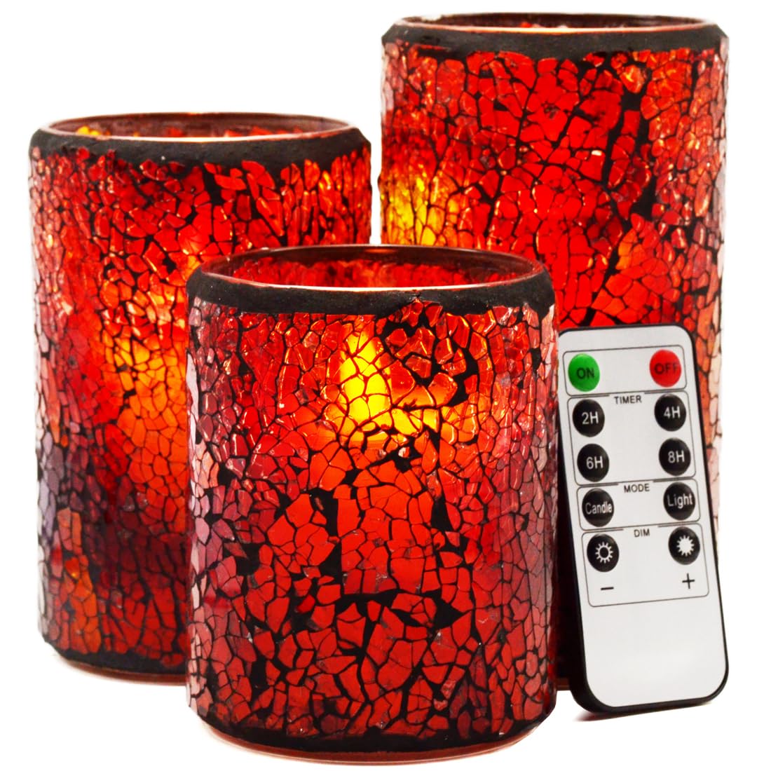 TELOSMA LED Mosaic Flameless Candle, Red Yellow Cracked Glass Pattern Pillar Candle - Centerpieces Table Bed Fireplace Autumn Decor - Set of 3