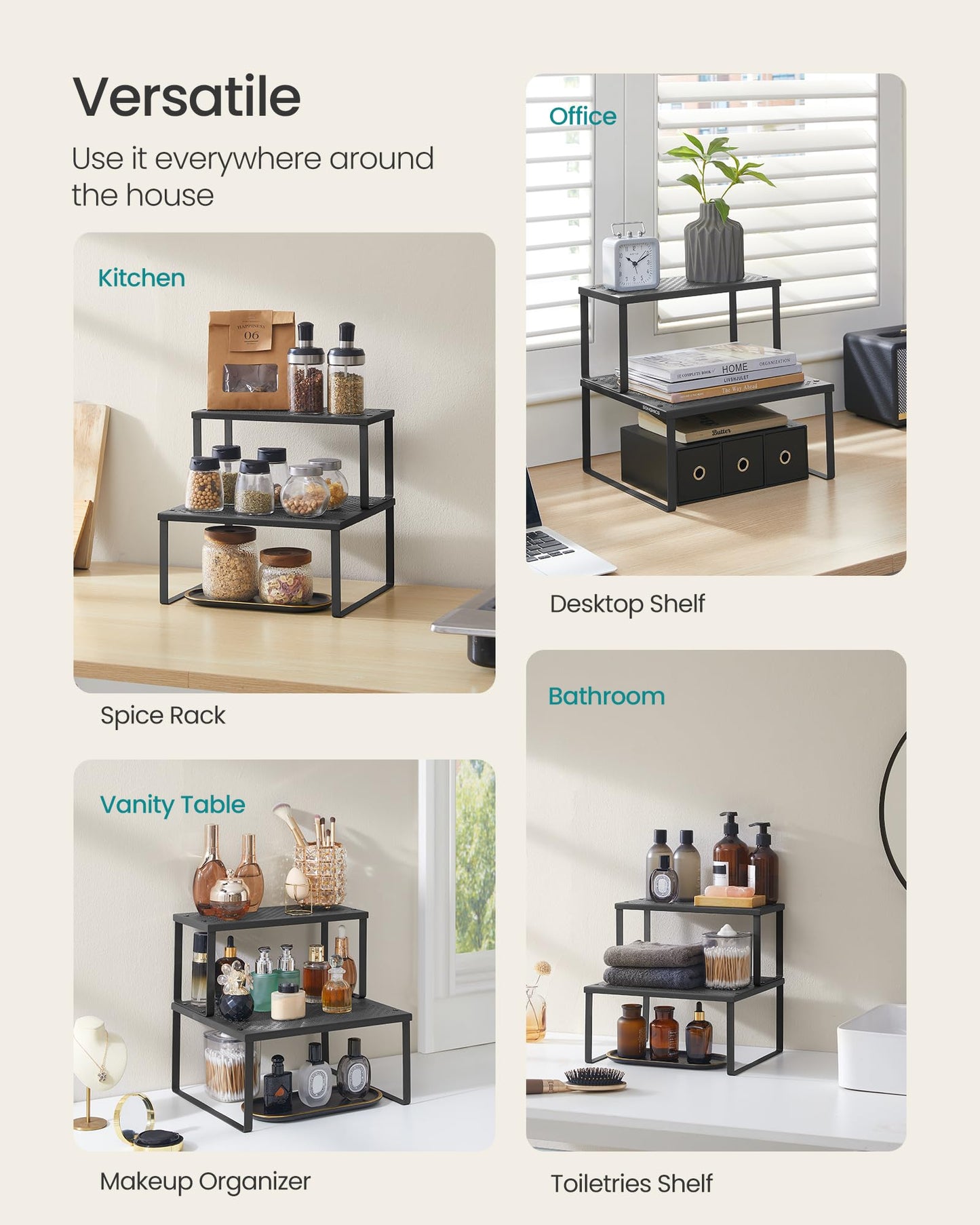 SONGMICS Spice Racks, Set of 2 Metal Cabinet Shelf Organizers, Countertop Organizers, Shelf Risers, Stackable, Expandable, Silver UKCS01SV