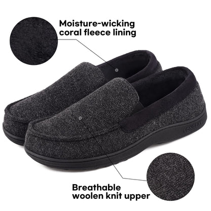 LongBay Mens Memory Foam Moccasin Slippers Plush Fleece House Slipper in Indoor Outdoor Shoes, Black 1, 10 UK