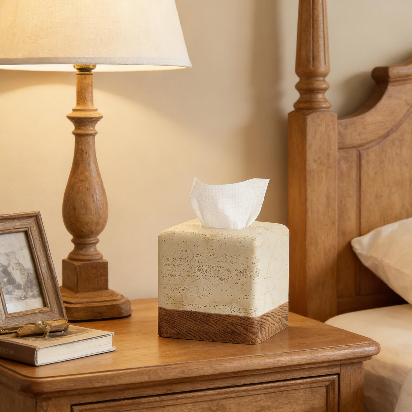 Natural Travertine Match Wooden Square Tissue Box Cover Decorative,Resin Heavy Sturdy Tissue Box Holder, Facial Paper Holder for Bathroom Vanity Countertop, Bedroom Night Stand,Office and End Table