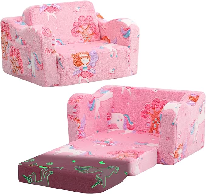 MeMoreCool Glowing Pink Fairy Kids Chair, 2-in-1 Fold-Out Kids Couch and Sofa
