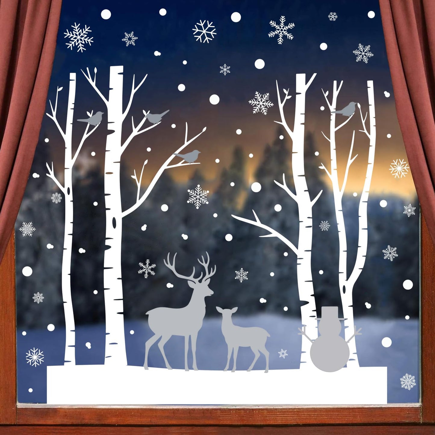 Kasubeso Large Birch Tree Deer Window Decal, Snowy Christmas Snowman Window Stickers, Peel and Stick Winter Snowflake Window Clings for Holiday Party Bedroom Living Room Offices Home Decoration