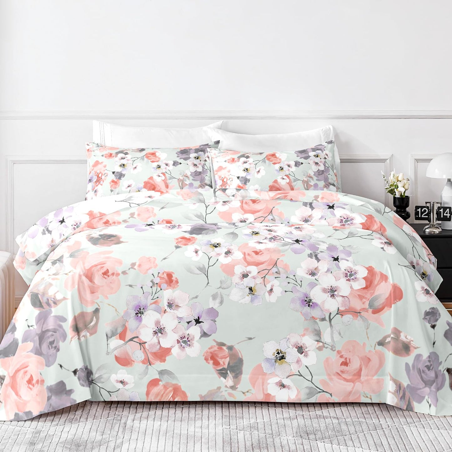 HCORA Floral Queen Sheet Set, Luxury 1800TC Hotel Quality Double Brushed Microfiber Deep Pocket Bed Sheets, Ultra Soft, Breathable and Cooling, 4PC, Queen Size