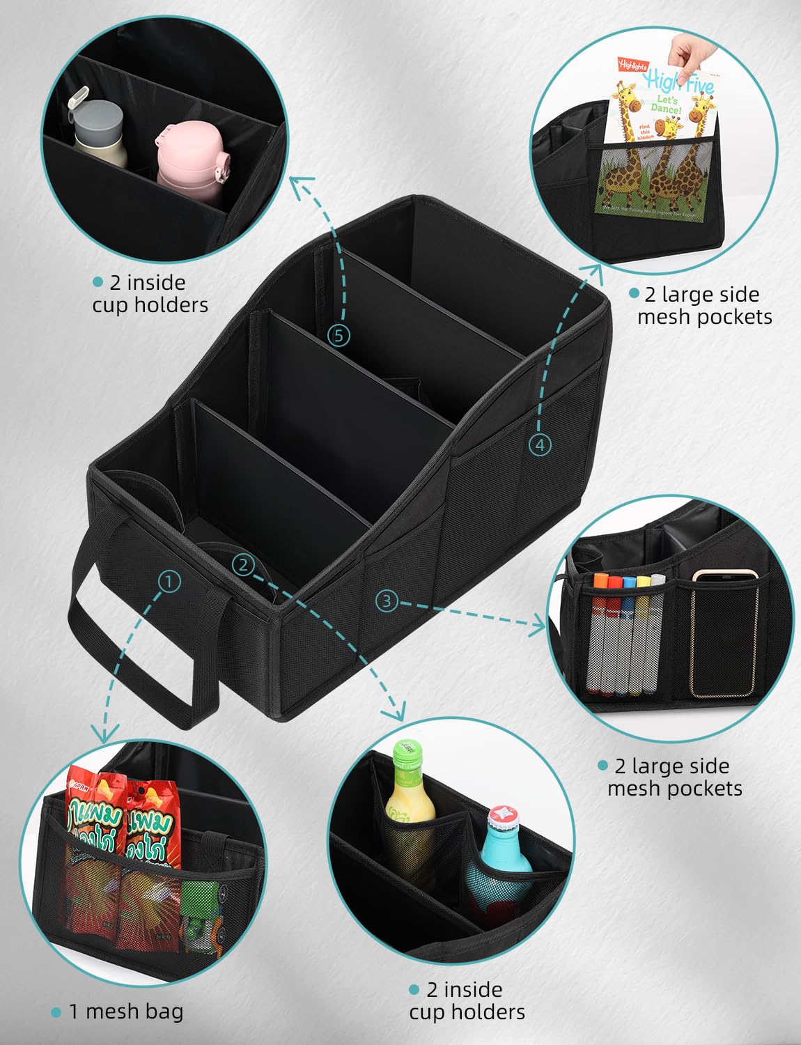 YOHOOLYO Car Seat Organiser Car Organiser Back Seat for kids with 4 Compartments, 4 Cup Holders and 7 Mash Pockets, Collapsible Car Boot Organiser Storage for Front and Back Seats