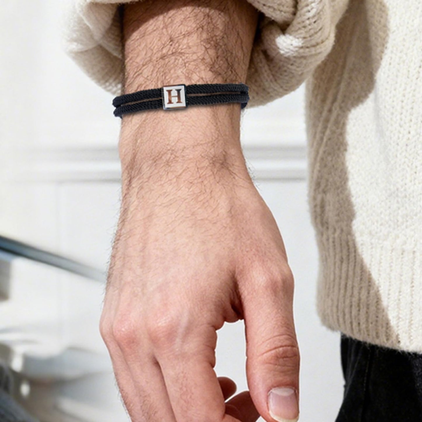 BHDJSHX Personalized Initial Rope Bracelet for Men, Stainless Steel A-Z Letter Bracelet,Adjustable Handmade Braided Black Cord,7-13 Inches,Gifts For Men,Brothers,Son,Boyfriend(K)