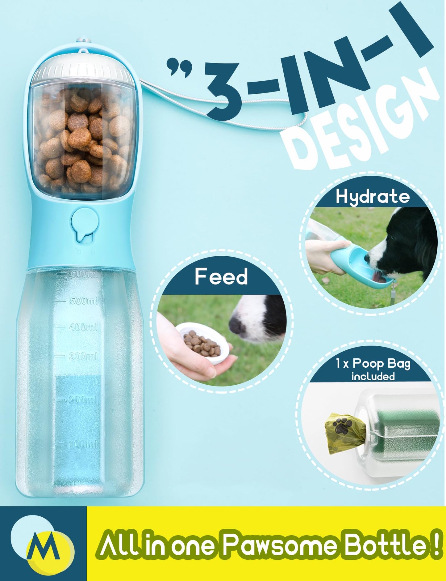 MoonyMars Portable Water Bottle for Dogs, 3 in 1 Pet Travel Bowl Dispenser with Food Treat Container & Poop Bag Holder, Summer Outdoor Walking Hiking Accessories for Large Dog On The Go - Blue, 20oz