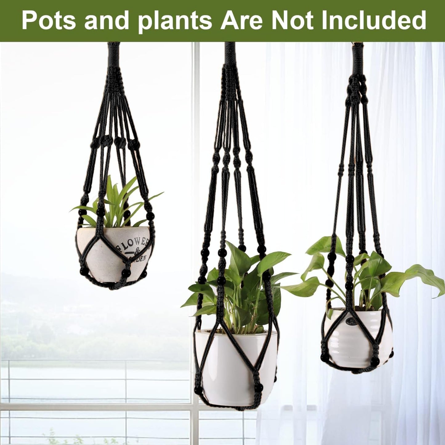 MKO SHUN 3-Pack Macrame Plant Hanger Indoor - Hanging Planter Basket for Indoor Outdoor - Decorative Boho Plant Holders Set with Beads - Ceiling Flower Pot Holder with 6 Hooks - 35"/30"/24" Black